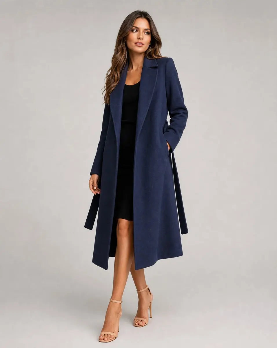 Isla belted wool blend long line trench coat, front view