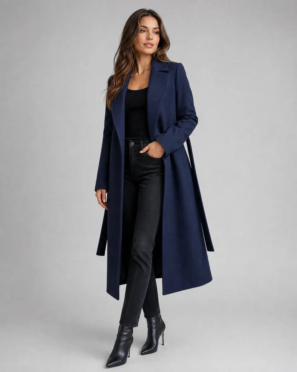 Isla belted wool blend long line trench coat, alternate view