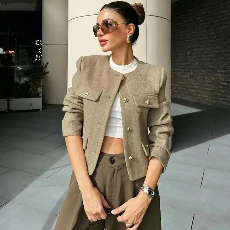 Leonie cropped bomber jacket button front, front view