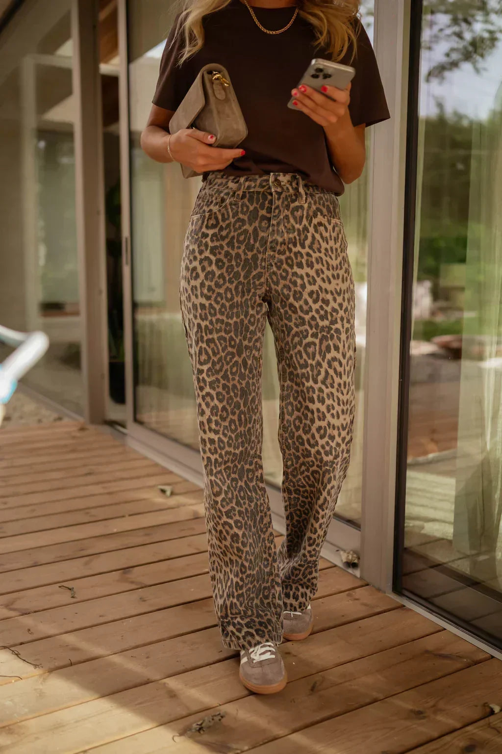 Lexi high waist leopard print flare trousers, front view