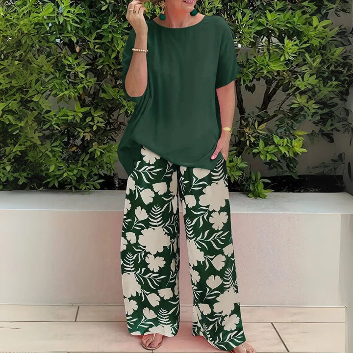 Lily two piece floral set wide leg trousers relaxed top, front view