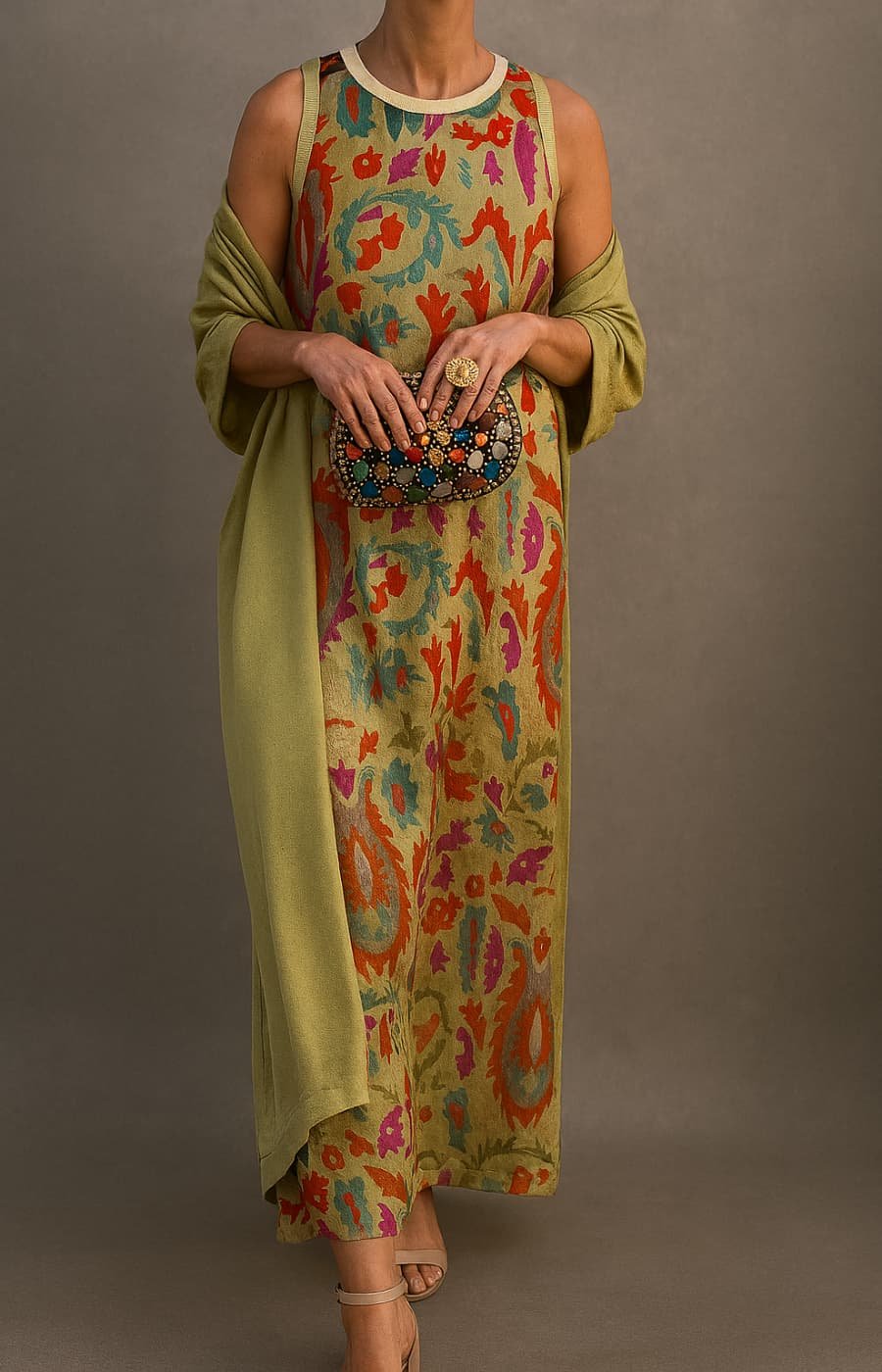 Luna floral printed sleeveless maxi dress shawl set, front view