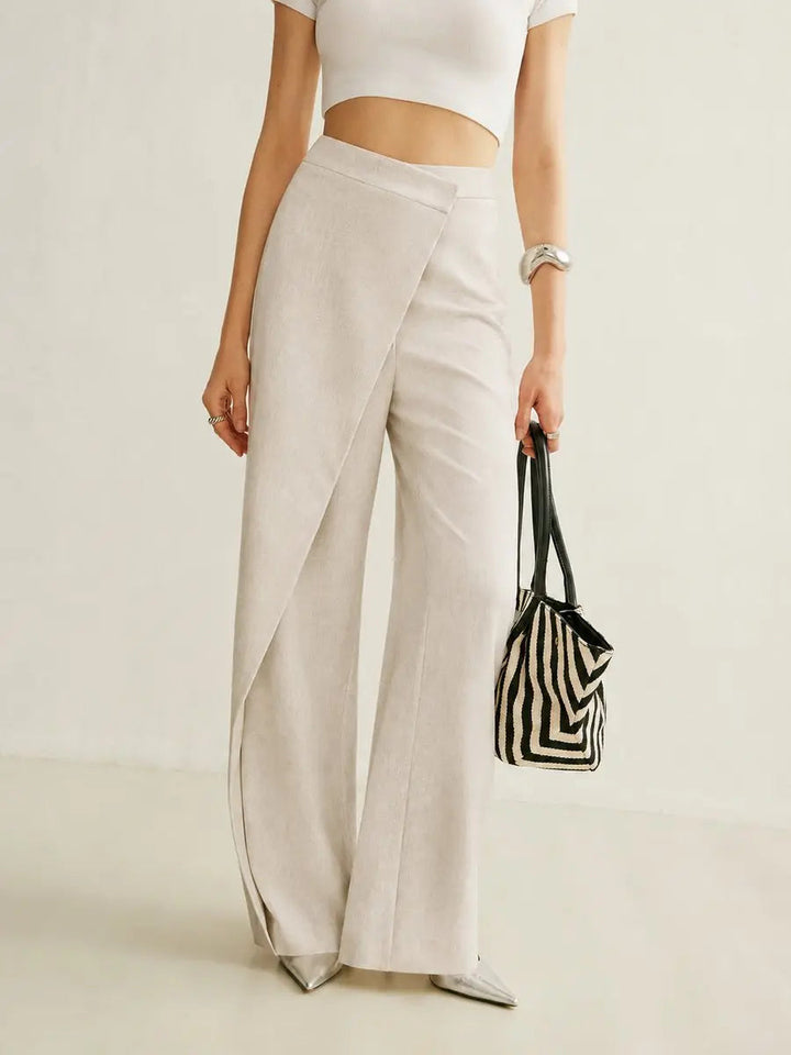 Mia high waist asymmetric wrap wide leg trousers, front view