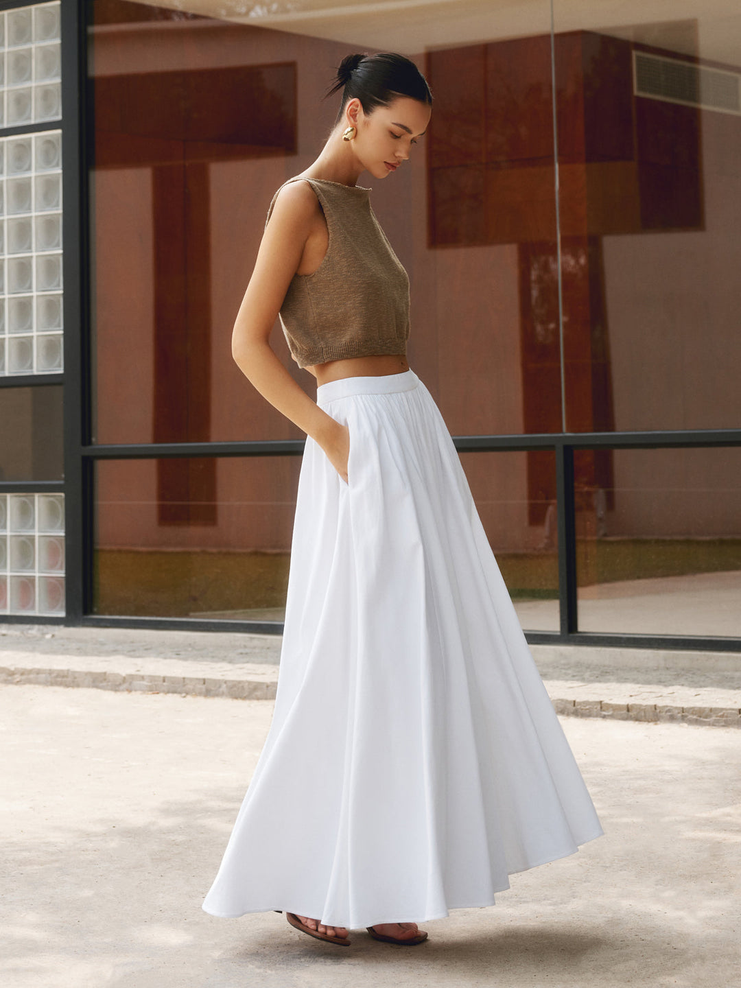 Nora high waist pleated linen maxi skirt, front view