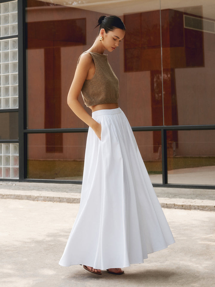 Nora high waist pleated linen maxi skirt, front view