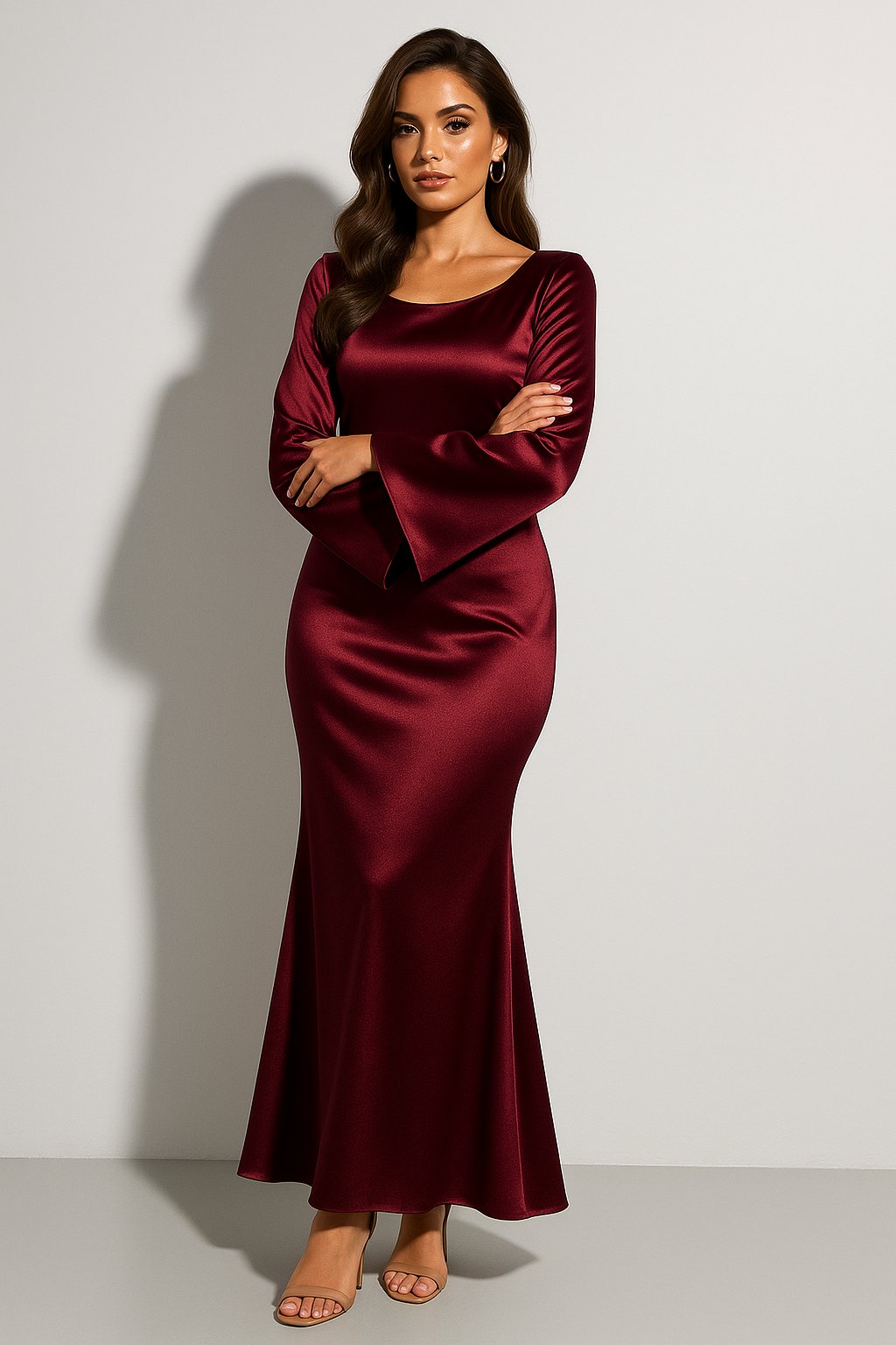 Olivia satin long sleeve scoop neck fishtail maxi gown, front view