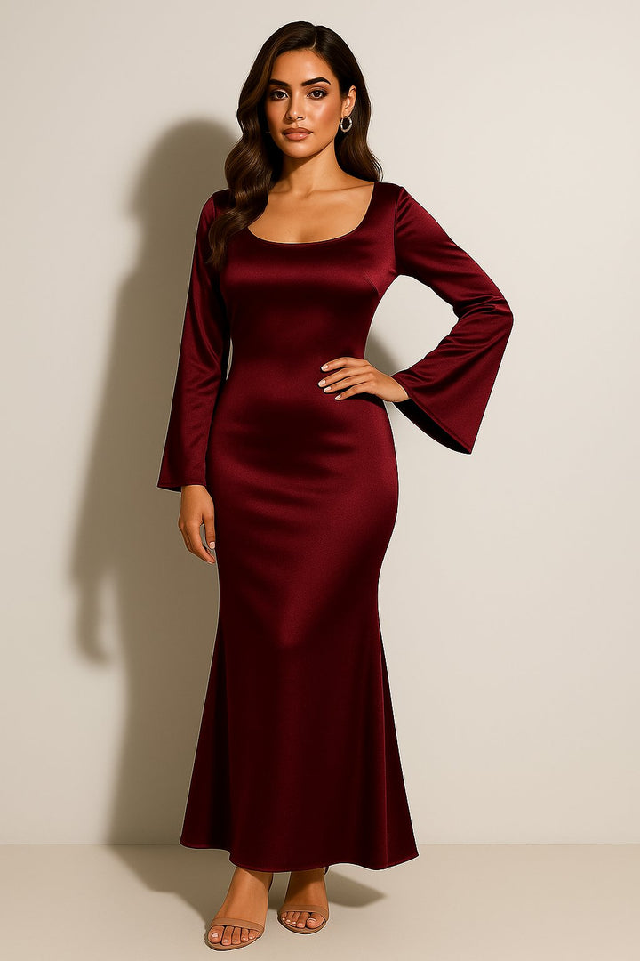 Olivia satin long sleeve scoop neck fishtail maxi gown, alternate view