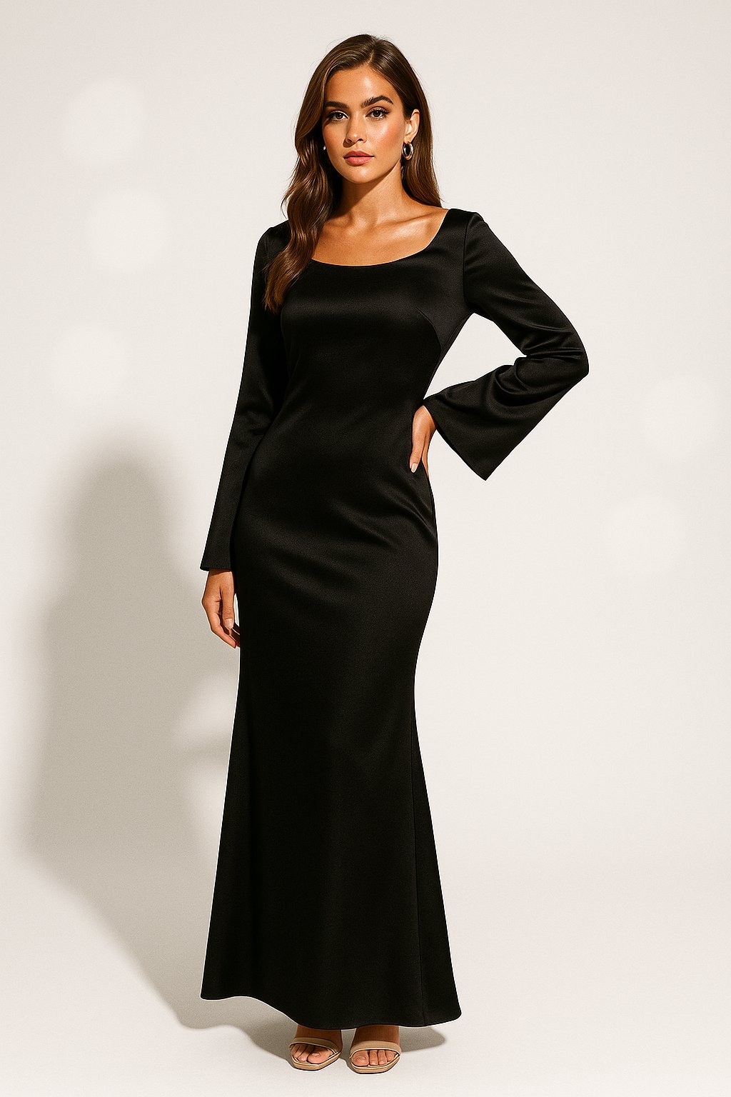 Olivia satin long sleeve scoop neck fishtail maxi gown, alternate view