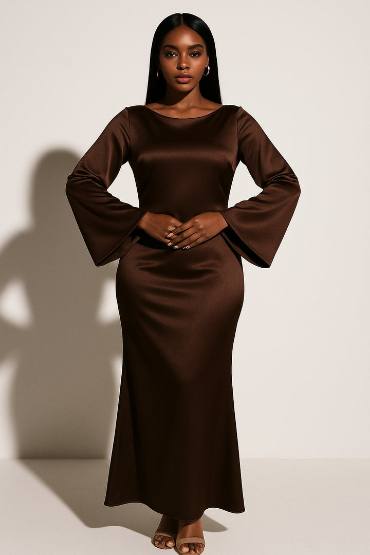 Olivia satin long sleeve scoop neck fishtail maxi gown, alternate view