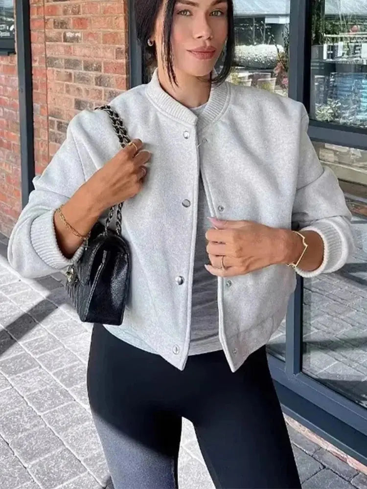 Ottilie cropped bomber jacket ribbed snap button, front view