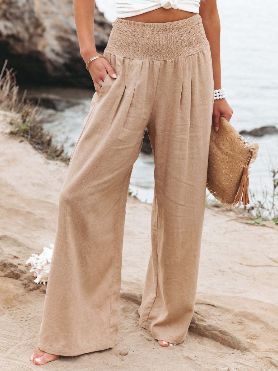Romy wide leg smocked waist linen trousers, front view