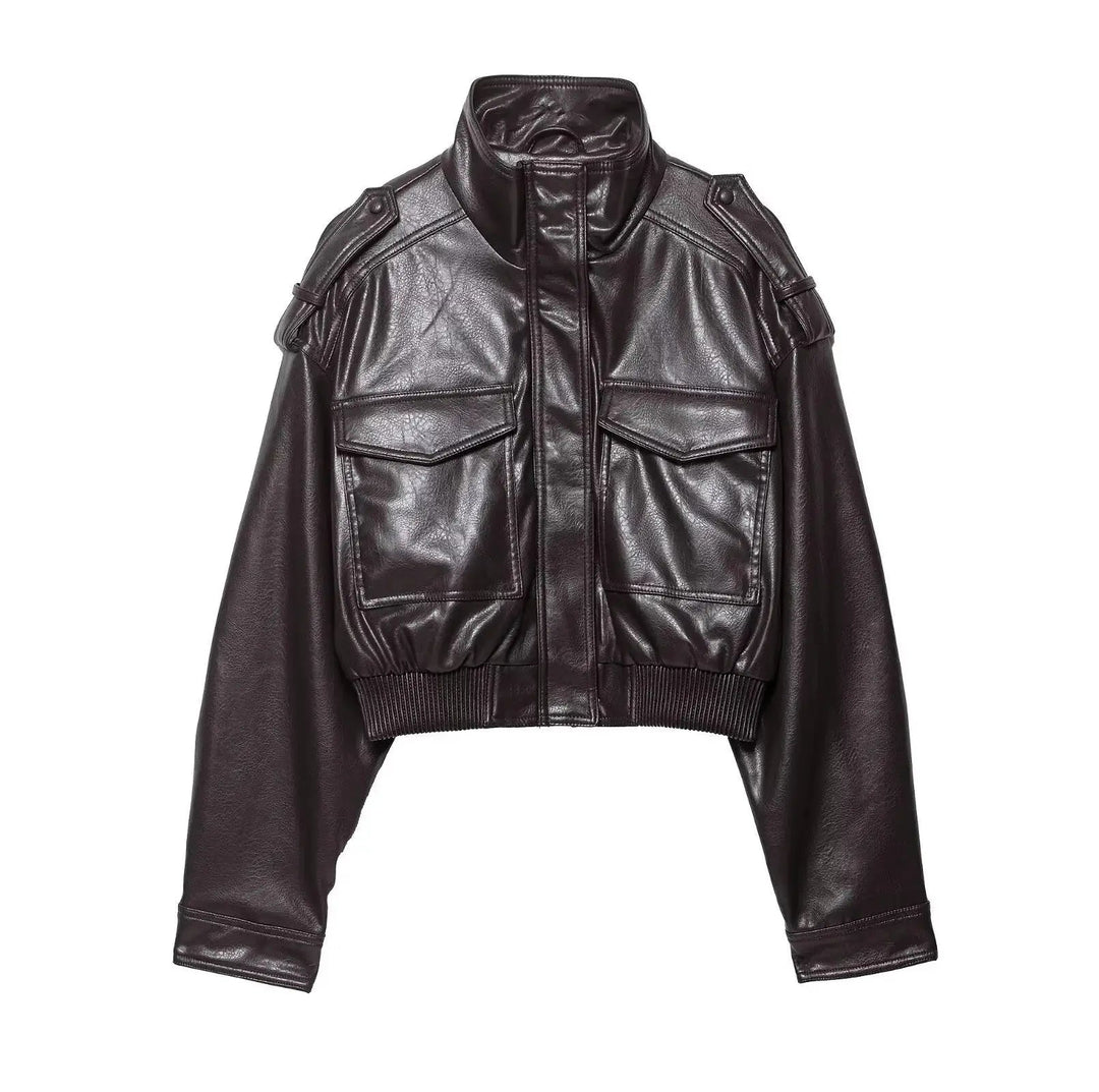 Sabine cropped leather look jacket zip front, alternate view