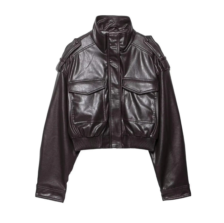 Sabine cropped leather look jacket zip front, alternate view