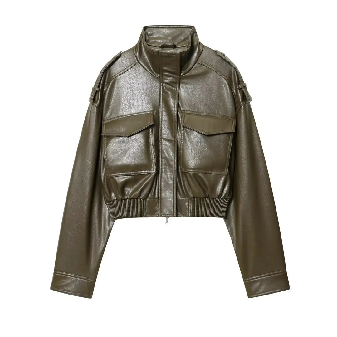 Sabine cropped leather look jacket zip front, alternate view