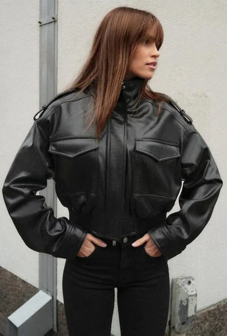 Sabine cropped leather look jacket zip front, alternate view