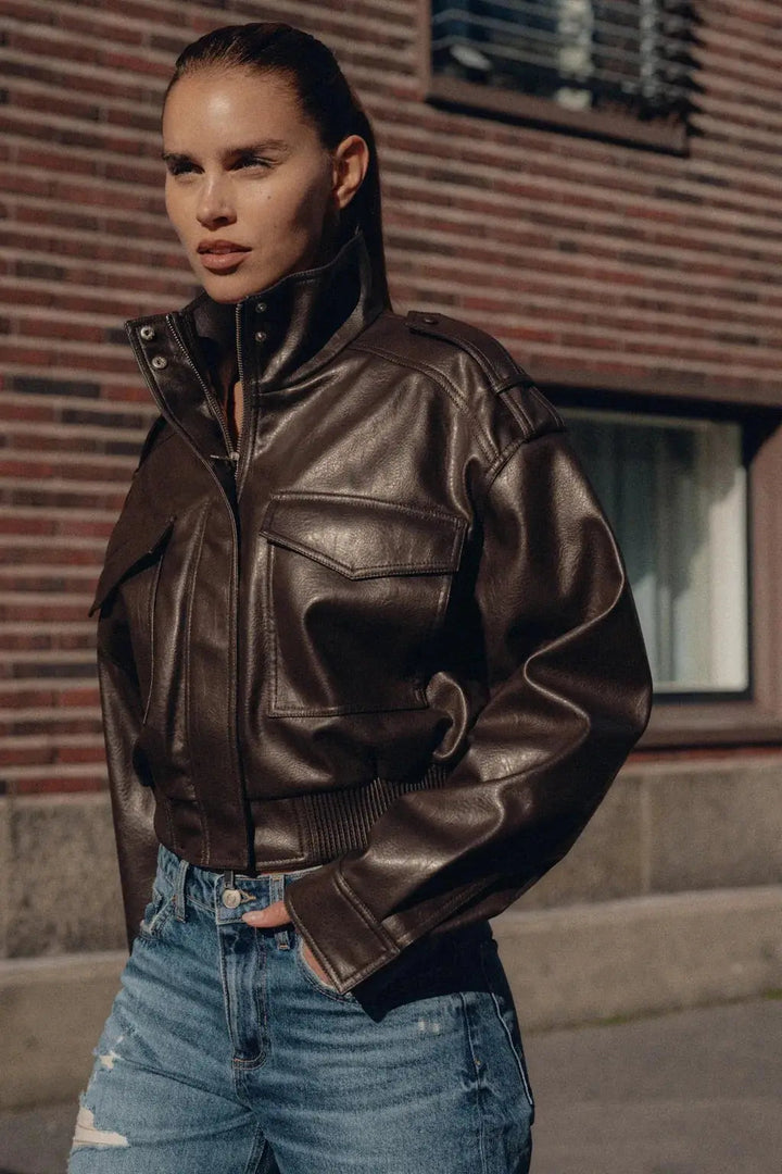 Sabine cropped leather look jacket zip front, alternate view