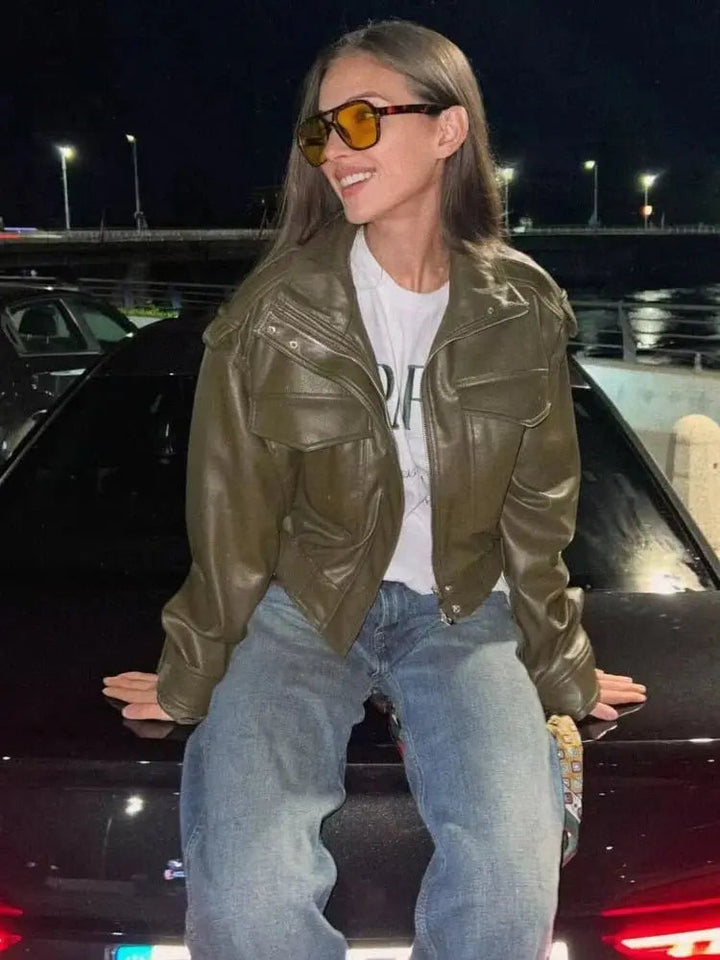 Sabine cropped leather look jacket zip front, alternate view