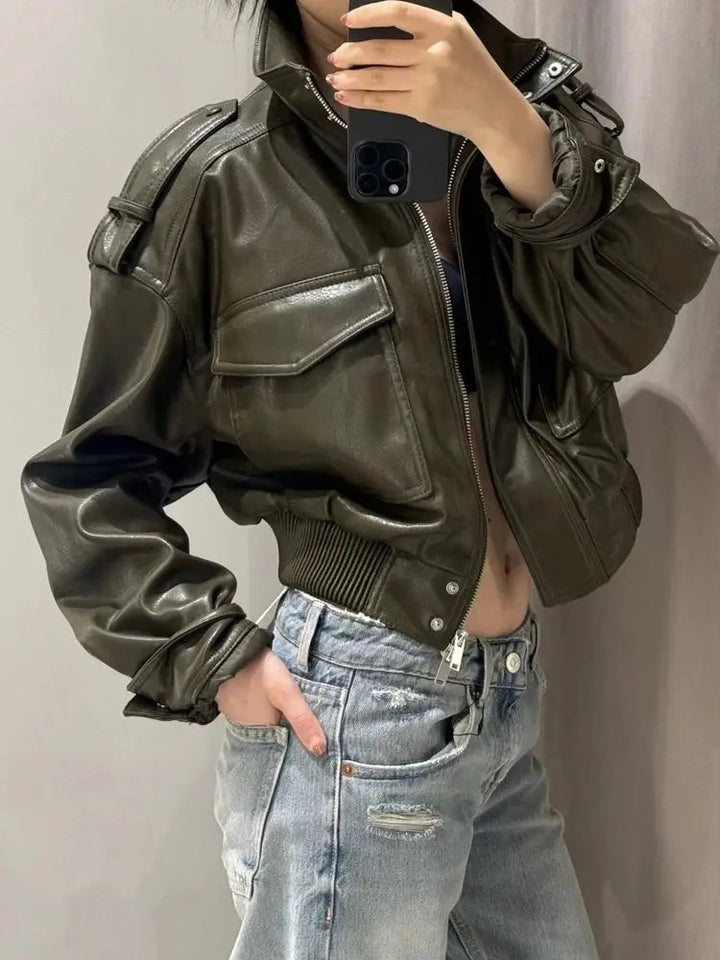 Sabine cropped leather look jacket zip front, alternate view