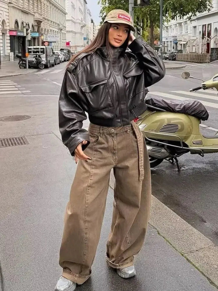 Sabine cropped leather look jacket zip front, alternate view