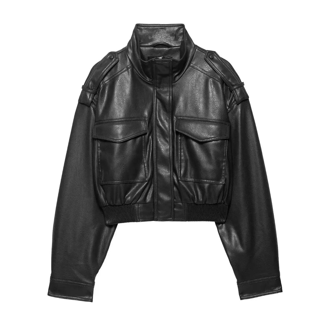 Sabine cropped leather look jacket zip front, alternate view