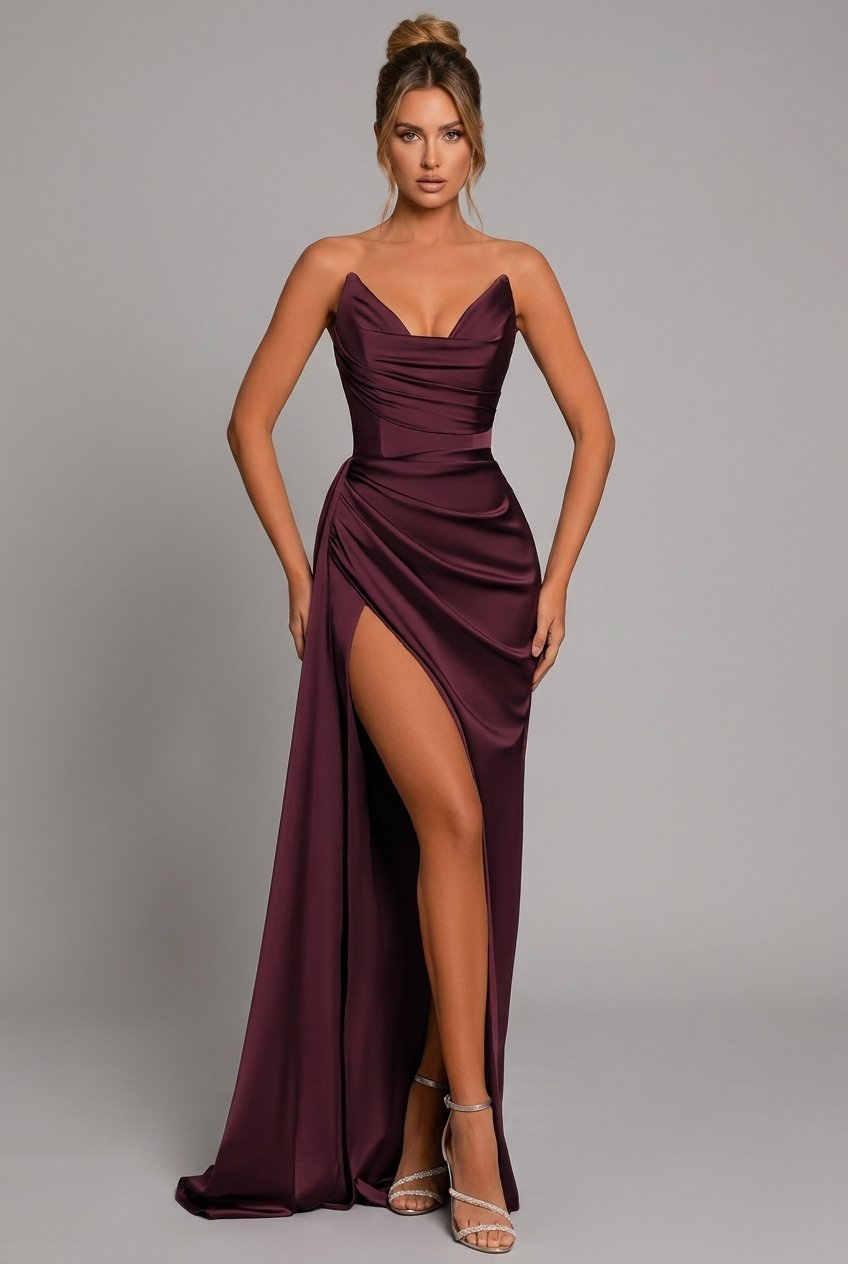 Scarlett strapless satin ruched high slit maxi gown, front view