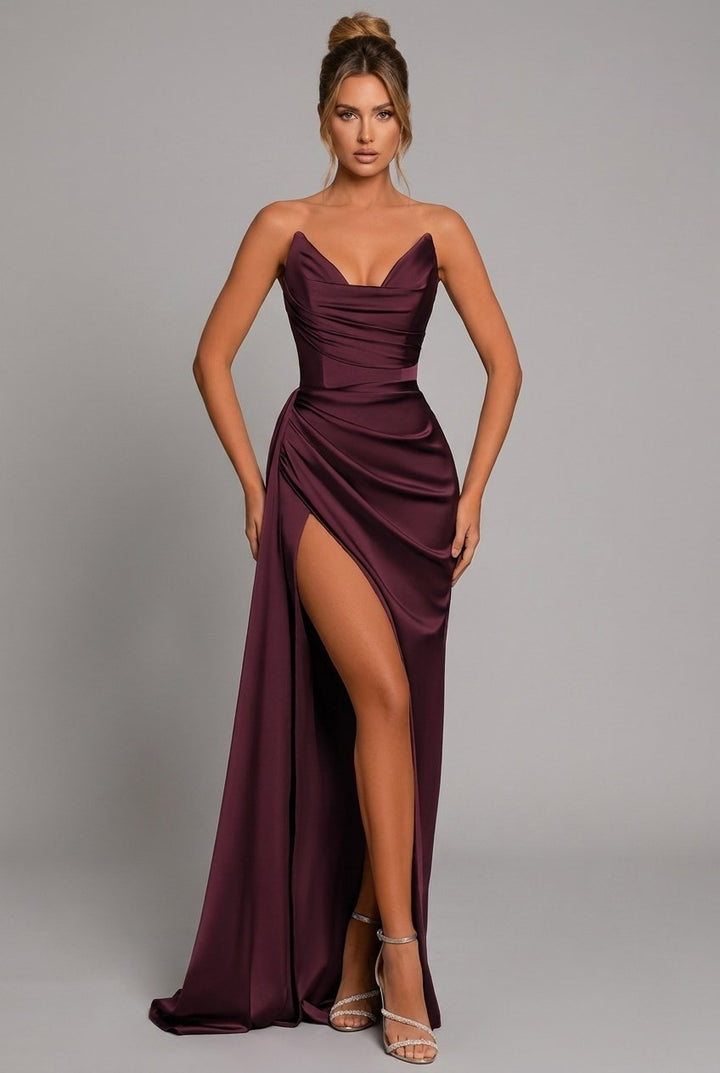 Scarlett strapless satin ruched high slit maxi gown, front view