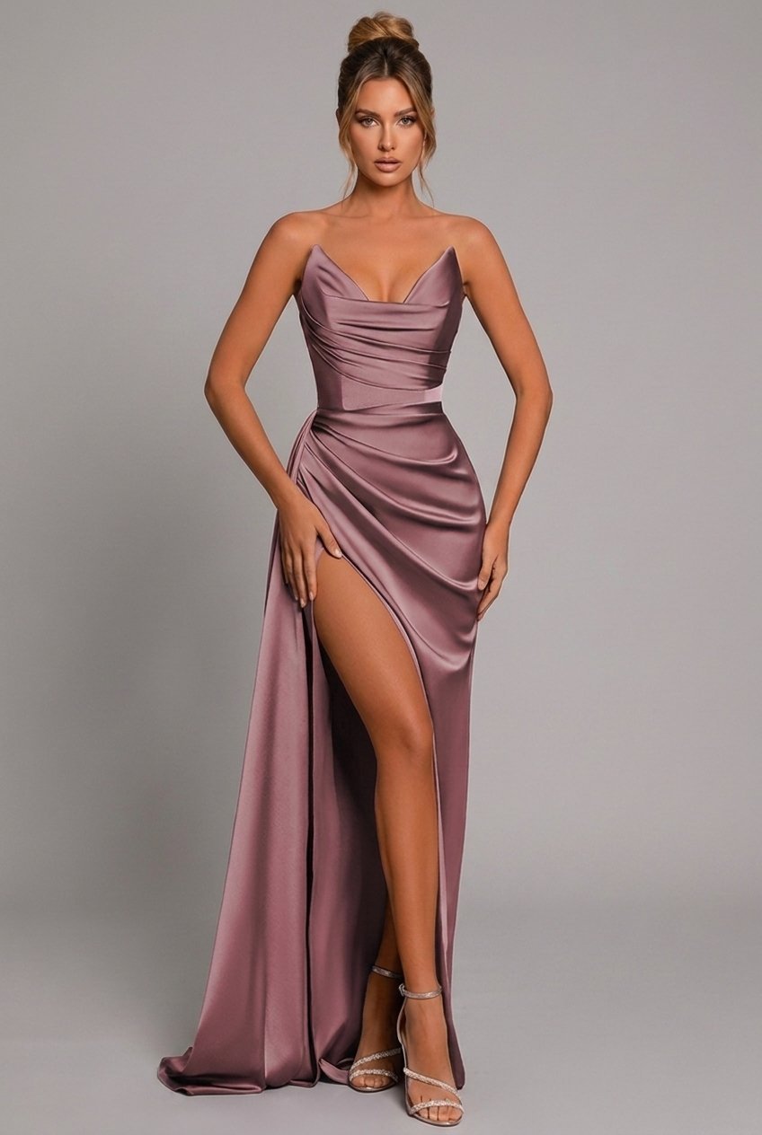 Scarlett strapless satin ruched high slit maxi gown, alternate view