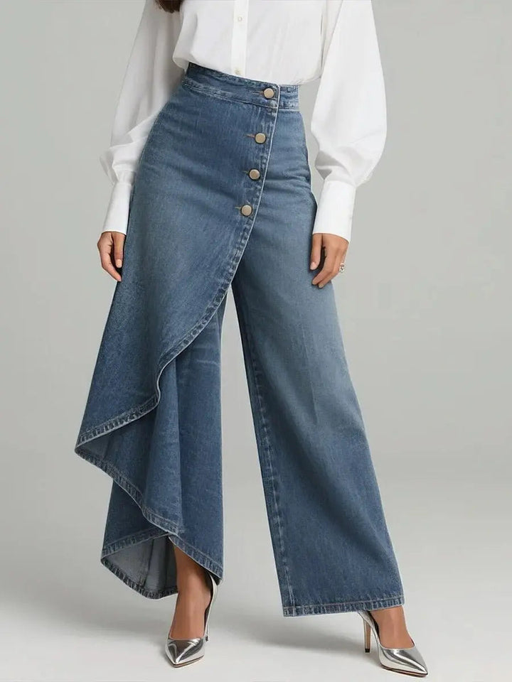 Sidonie wide leg denim trousers button front, front view