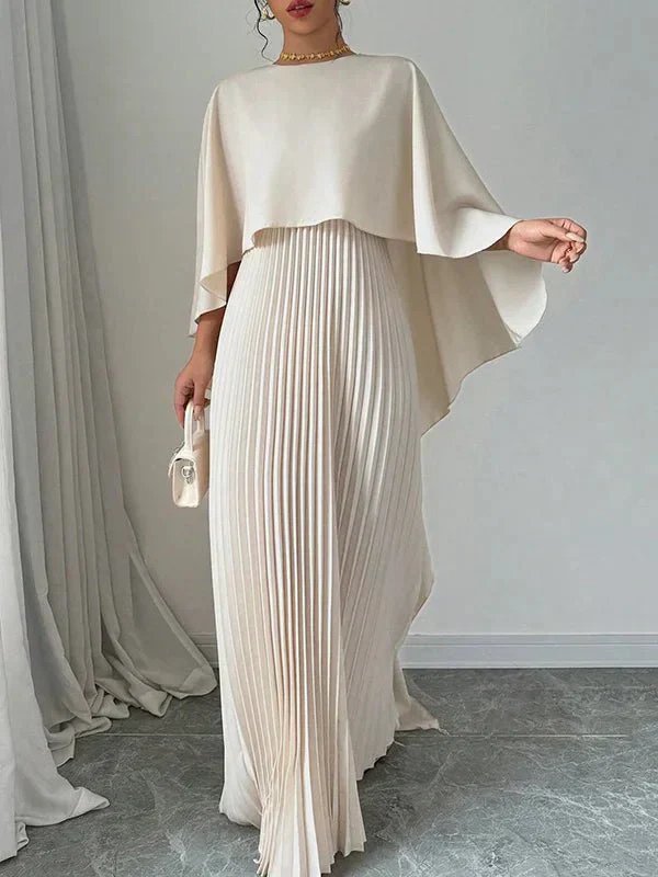 Vivianne satin cape overlay pleated maxi dress, front view