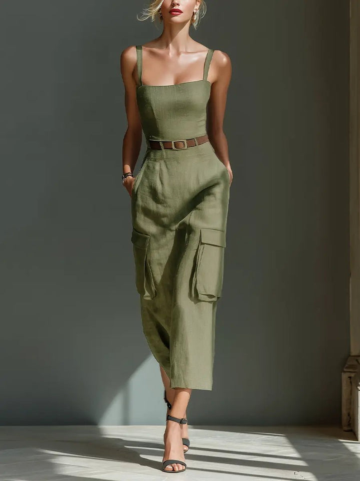 Rosalind | Belted Linen Cargo Midi Dress