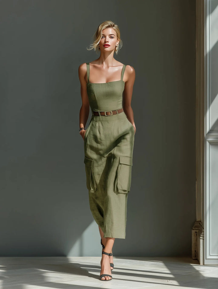 Rosalind | Belted Linen Cargo Midi Dress