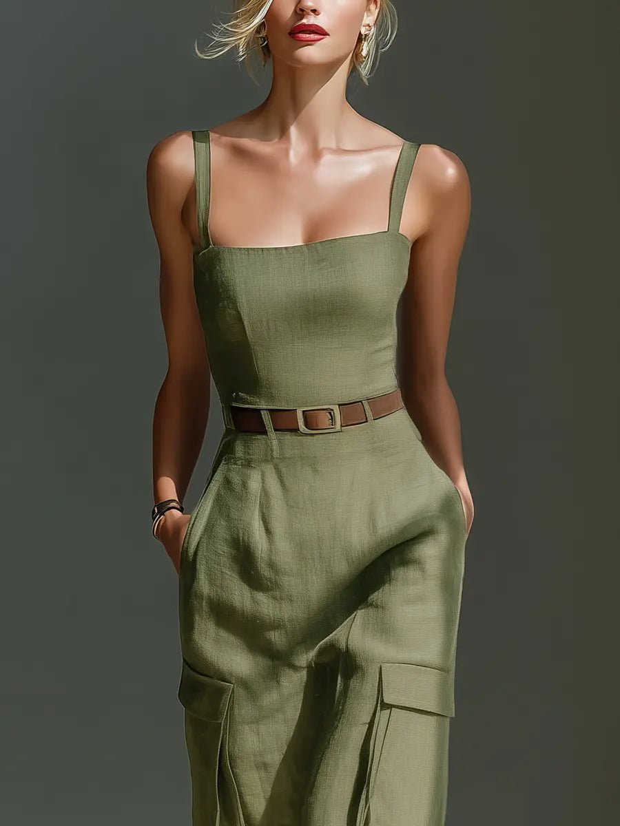 Rosalind | Belted Linen Cargo Midi Dress
