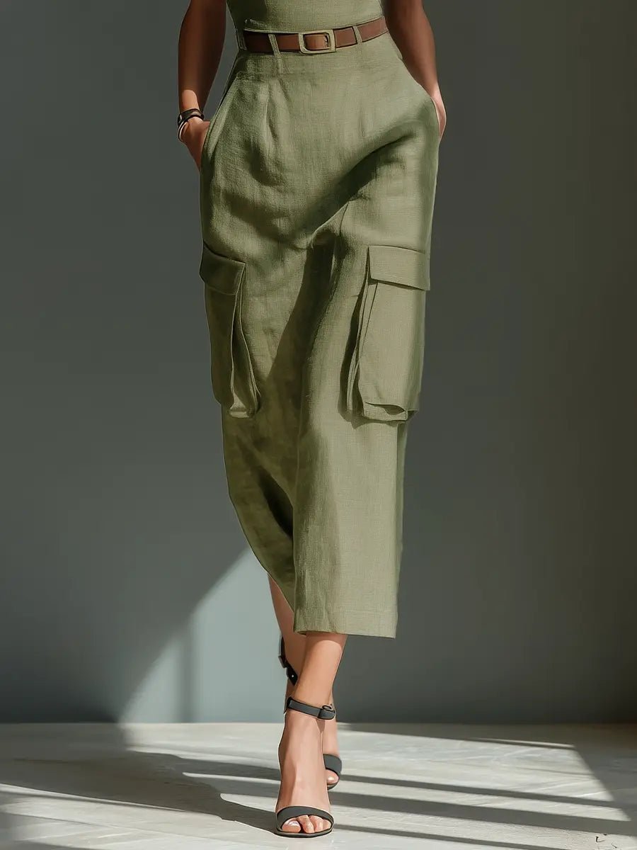 Rosalind | Belted Linen Cargo Midi Dress