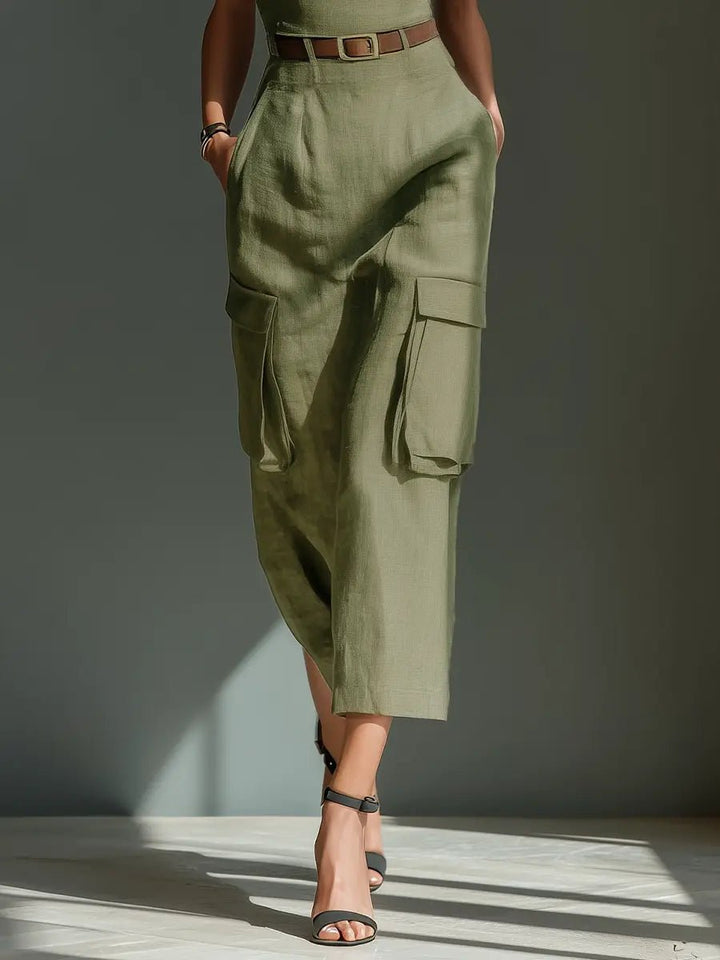 Rosalind | Belted Linen Cargo Midi Dress