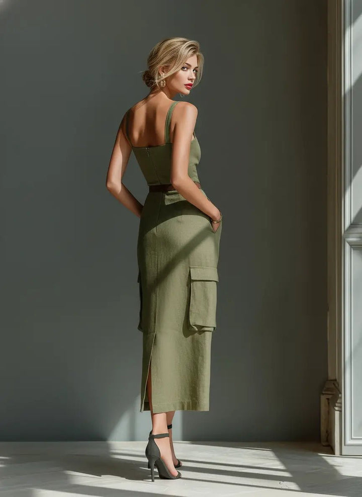 Rosalind | Belted Linen Cargo Midi Dress