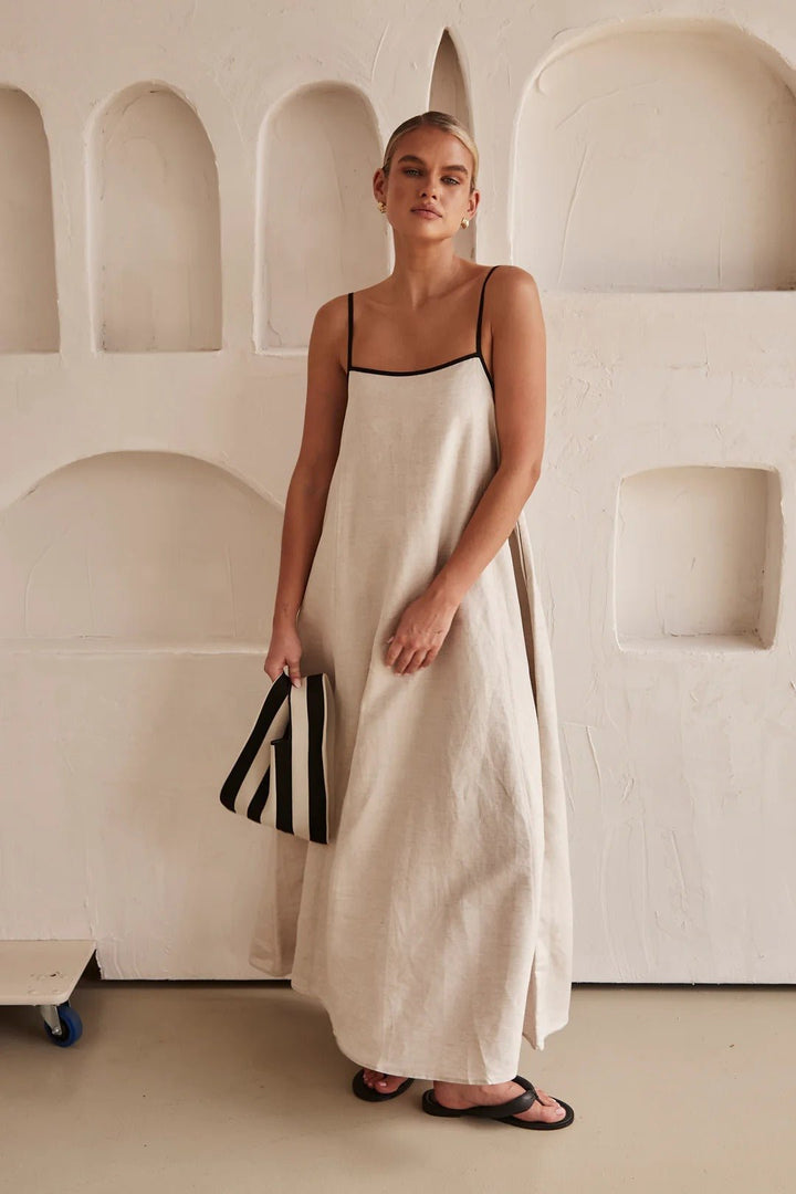 Genevieve | Contrast-Trim Linen Maxi Dress